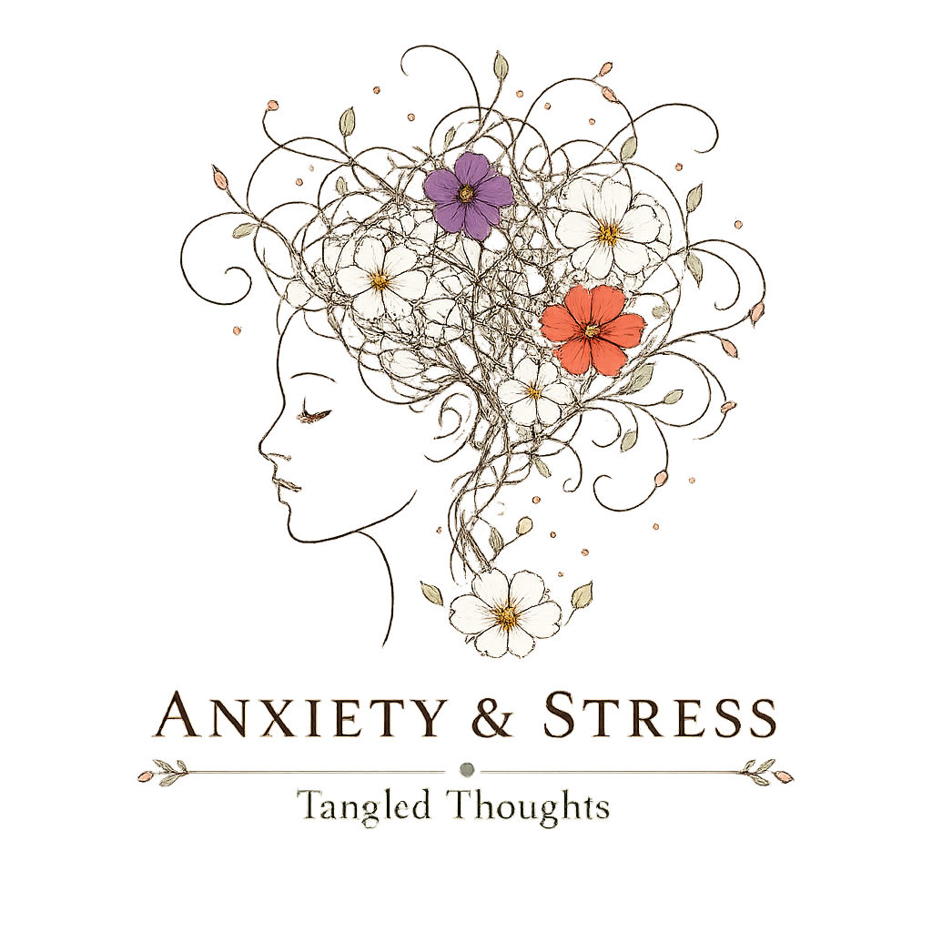 Anxiety and stress therapy logo featuring tangled floral vines and blooming flowers representing overwhelming thoughts, emotional resilience, and healing.