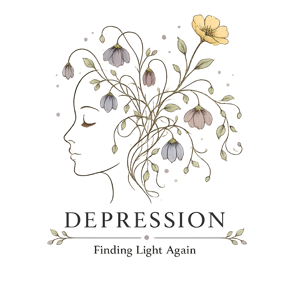 Depression therapy logo featuring a woman's profile with drooping flowers and a blooming flower representing hope, healing, and emotional renewal.
