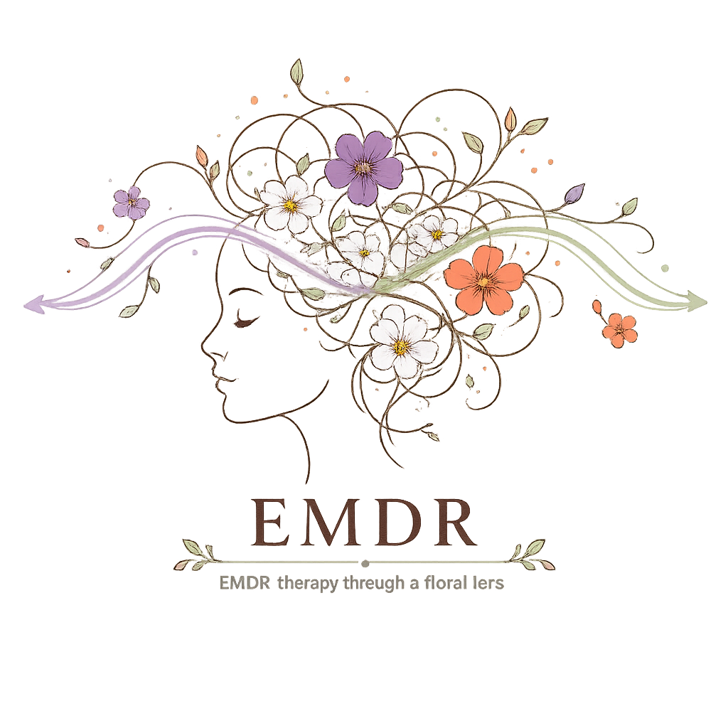 EMDR therapy logo featuring a woman's profile, blooming flowers, and flowing bilateral pathways representing trauma healing, emotional processing, and personal growth.