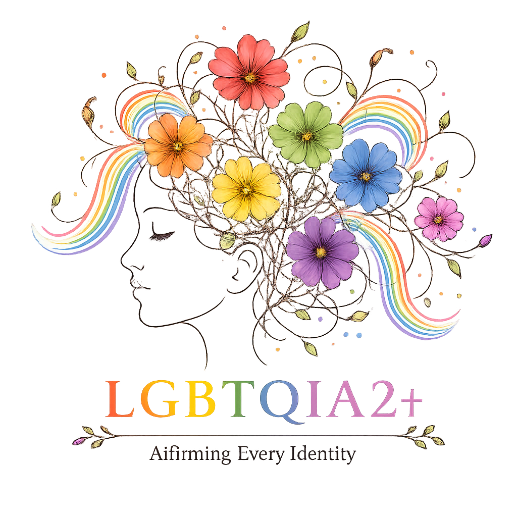 LGBTQIA2+ support logo featuring a woman's profile with rainbow flowers and flowing pride-inspired ribbons representing identity, inclusion, self-expression, and personal growth.