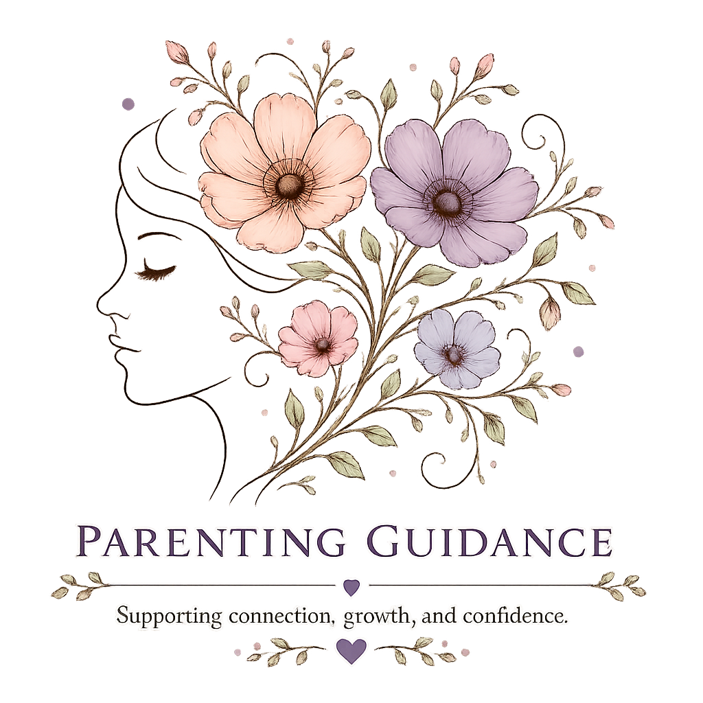 Parenting guidance logo featuring a parent profile with blooming flowers representing family connection, child development, confidence, and healthy relationships.