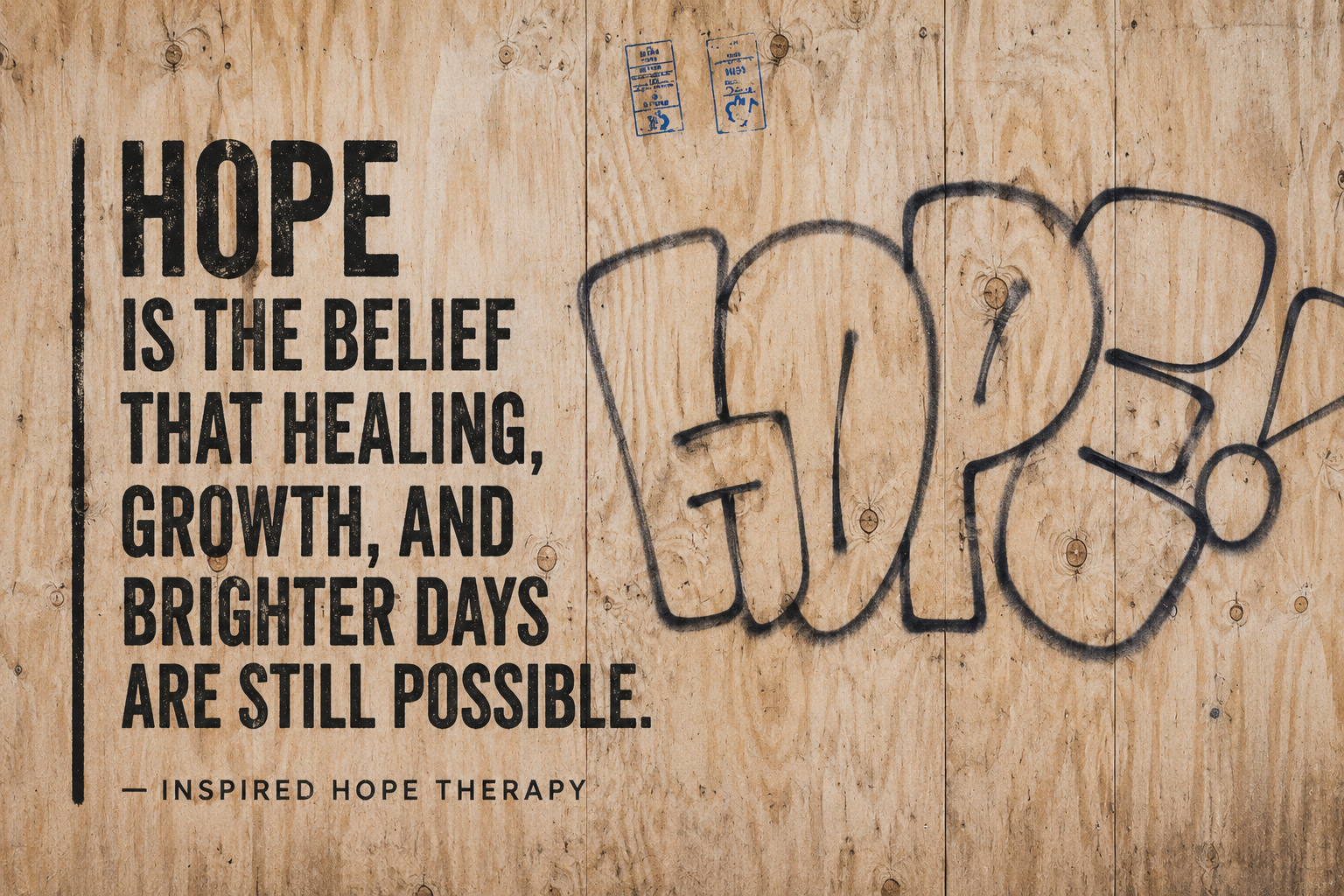 Inspirational hope-themed artwork featuring the quote “Hope is the belief that healing, growth, and brighter days are still possible” displayed beside artistic lettering.