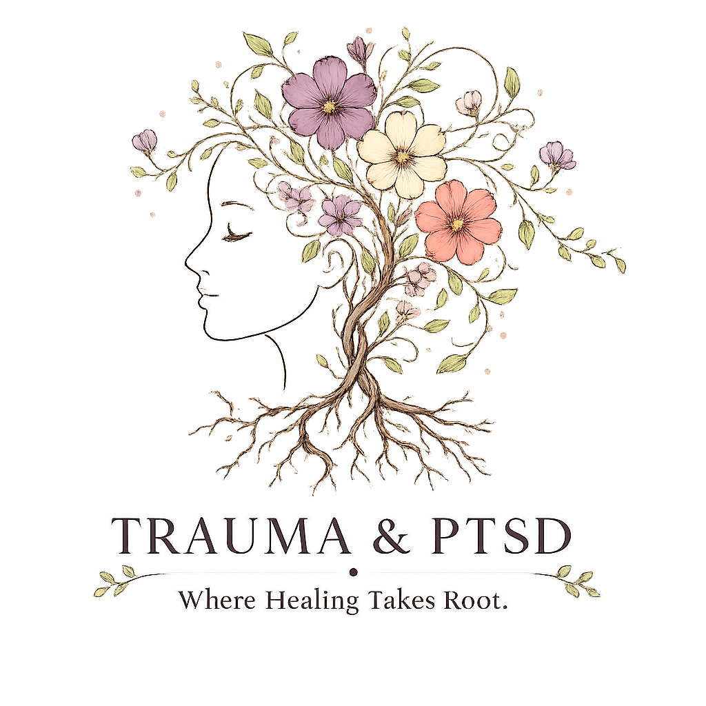 Trauma and PTSD therapy logo featuring a woman's profile with blooming flowers, intertwined roots, and growing vines symbolizing healing, resilience, and recovery from trauma.