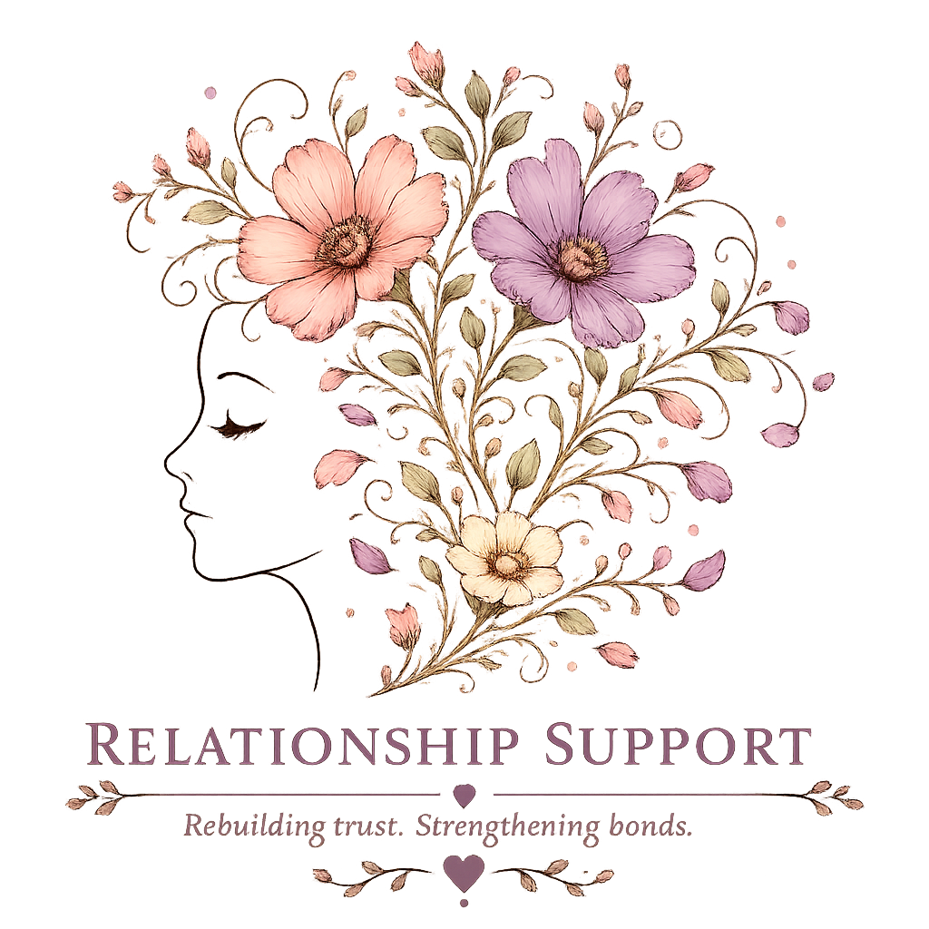 Relationship support logo featuring blooming flowers, falling petals, and intertwined vines symbolizing healing, trust, communication, and stronger relationships.